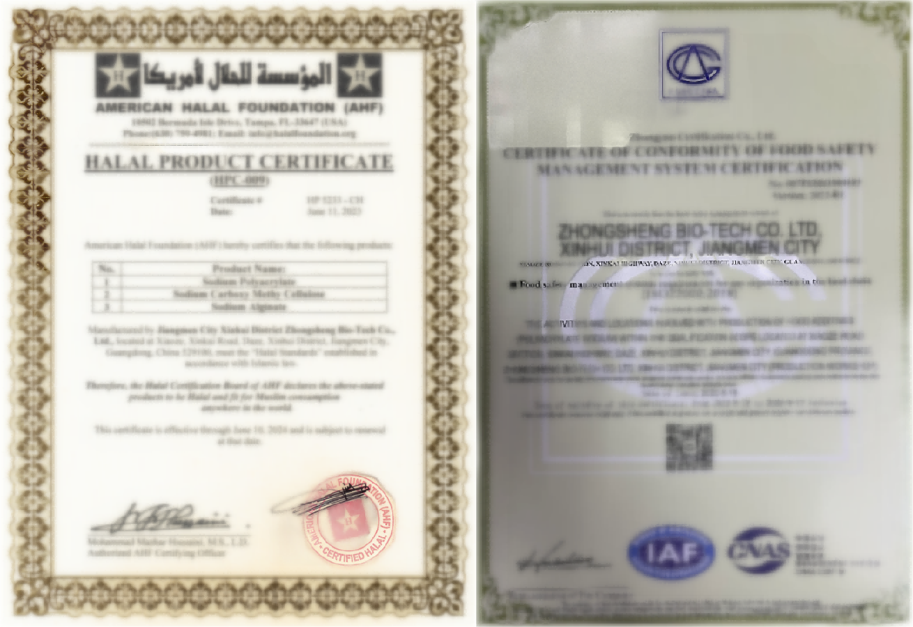 zhongsheng sodium polyacrylate certification